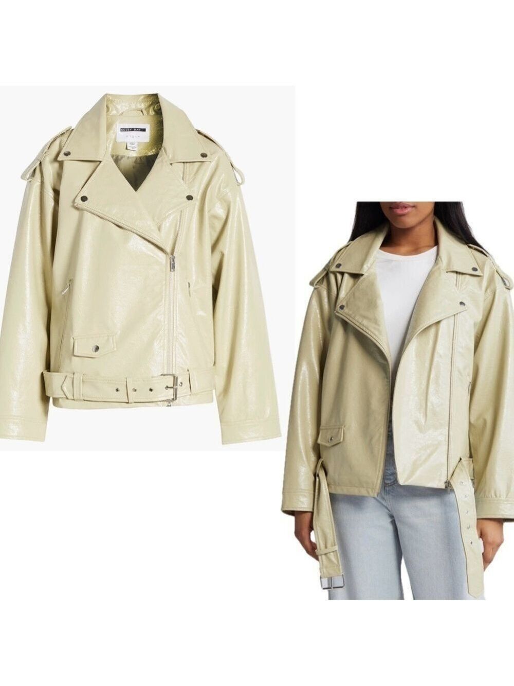 NOISY MAY Kane Paulina Faux Patent PU Leather Moto Biker Jacket beige cream M